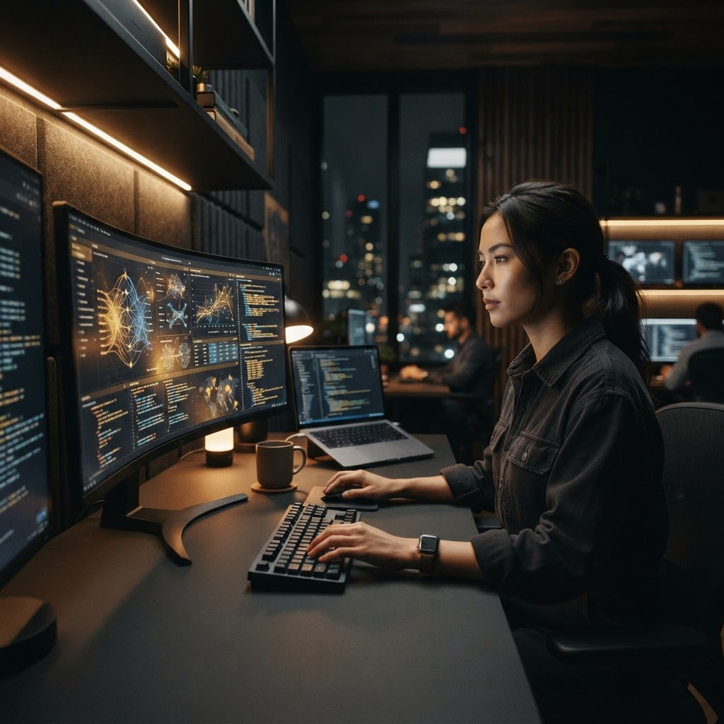 AI operations workspace with data visualizations